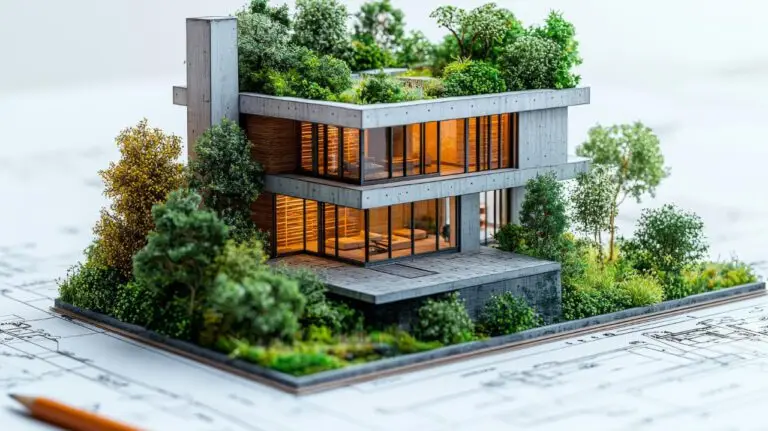 Architekturmodell eines modernen mehrgeschossigen Wohnhauses mit Begrünung