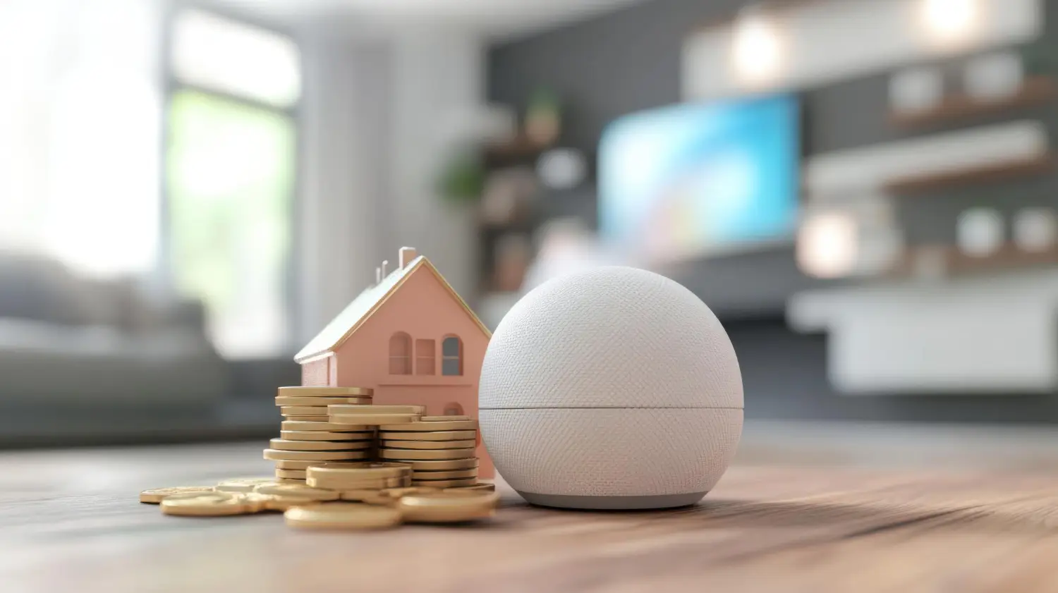 Rundes weißes smart-home-gerät auf einem tisch im wohnraum